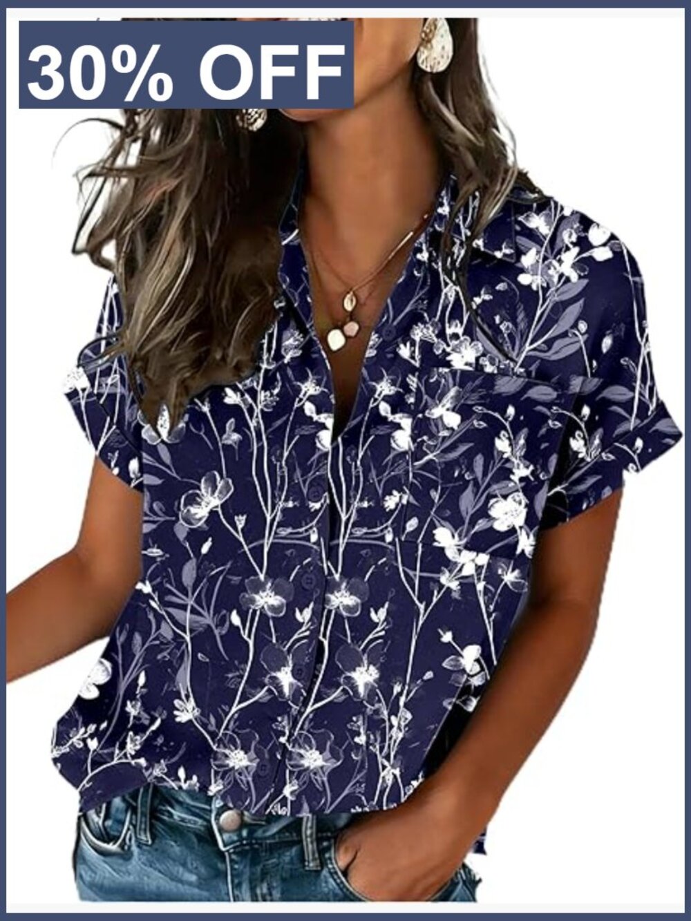 Short Sleeve Button Down Blouse V-Neck Business Casual Tops with Pocket